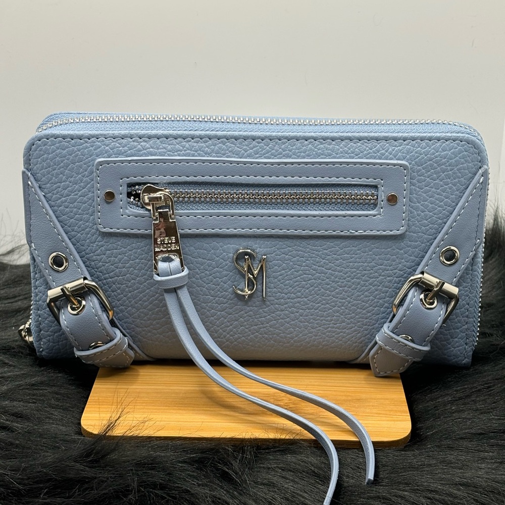 Steve Madden Light Blue Pebbled Crossbody Card Holder with Silver Hardware